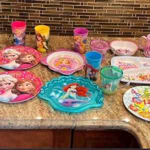 DISNEY PRINCESS THEMED PLATES & CUPS plus SHOPKINS PLATES & CUPS…ALL LIKE NEW